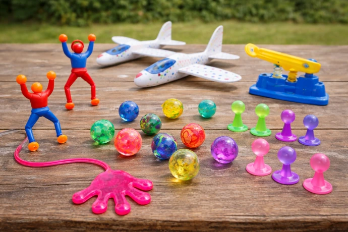 main collante, avion planeur, balle rebondissante jouet 80