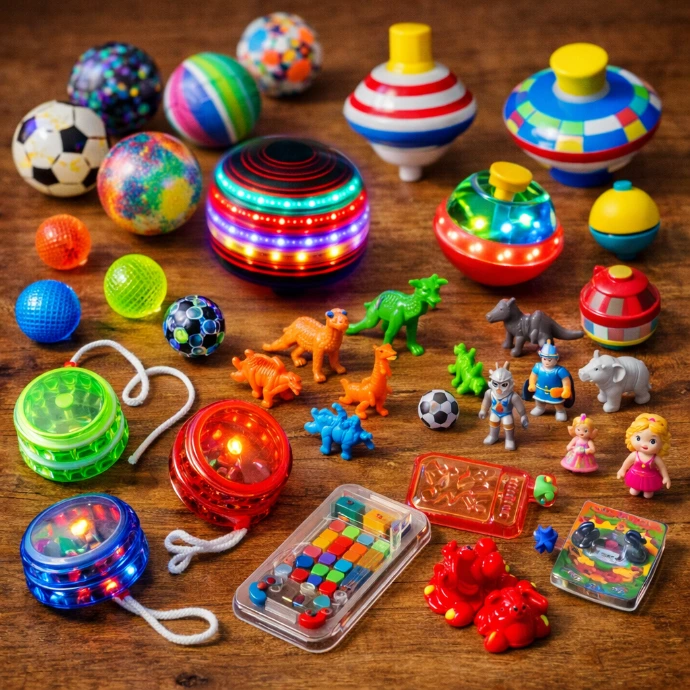 lot de jouets : yoyos, toupies, balles rebondissantes